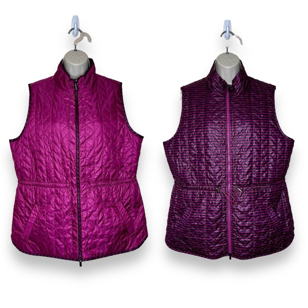 Chicos Zenergy Reversible Quilted Vest Berry Black Stripe Women Large Sleeveless